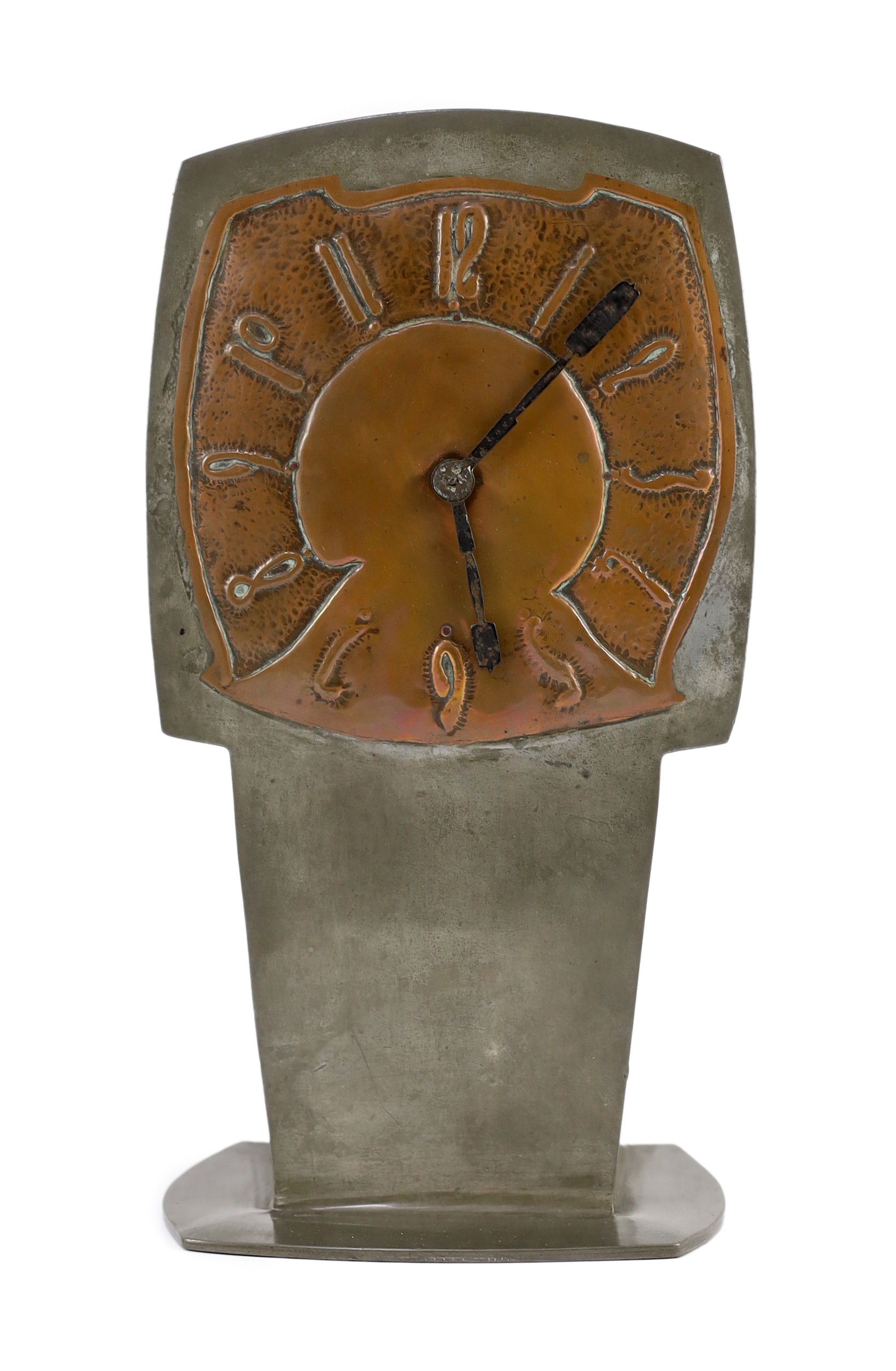 Archibald Knox for Liberty & Co., a rare ‘Tudric’ pewter and patinated copper clock, c.1902-05, model no. 0253